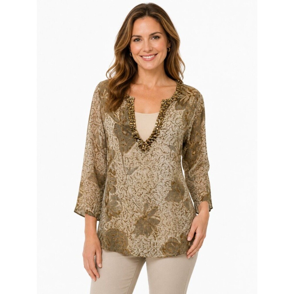 Chico's Gold Glam Kanya Tunic Top Size 1 (US 8) 100% Silk Like New
